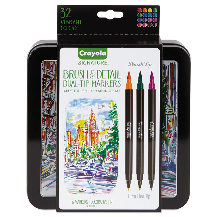 Crayola - Brush and Detail Dual Ended Markers, Extra-Fine Brush/Bullet Tips, Assorted Colors, 16/Set