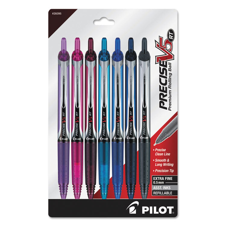 Pilot - Precise V5RT Roller Ball Pen, Retractable, Extra-Fine 0.5 mm, Assorted Ink and Barrel Colors, 7/Pack