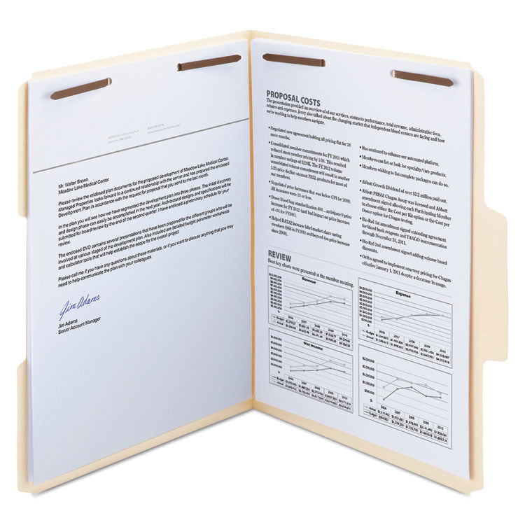 Smead - SuperTab Reinforced Guide Height Fastener Folders, 2 Fasteners, Letter Size, 14-pt Manila Exterior, 50/Box