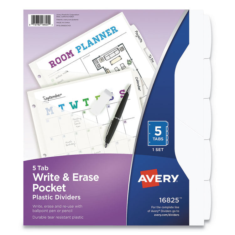 Avery - Write and Erase Durable Plastic Dividers with Pocket, 5-Tab, 11.13 x 9.25, White, 1 Set