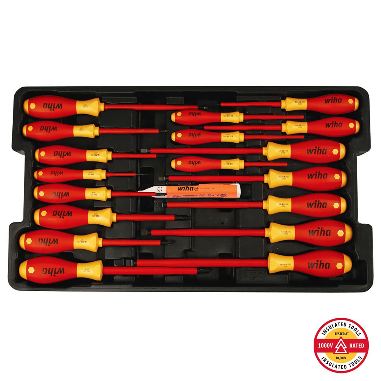 Wiha Insulated SoftFinish Screwdriver Cat III Voltage Detector Set Toolbox Tray - 19 Piece Set
