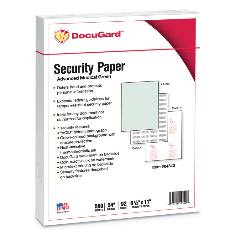 DocuGard - Medical Security Papers, 24 lb Bond Weight, 8.5 x 11, Green, 500/Ream