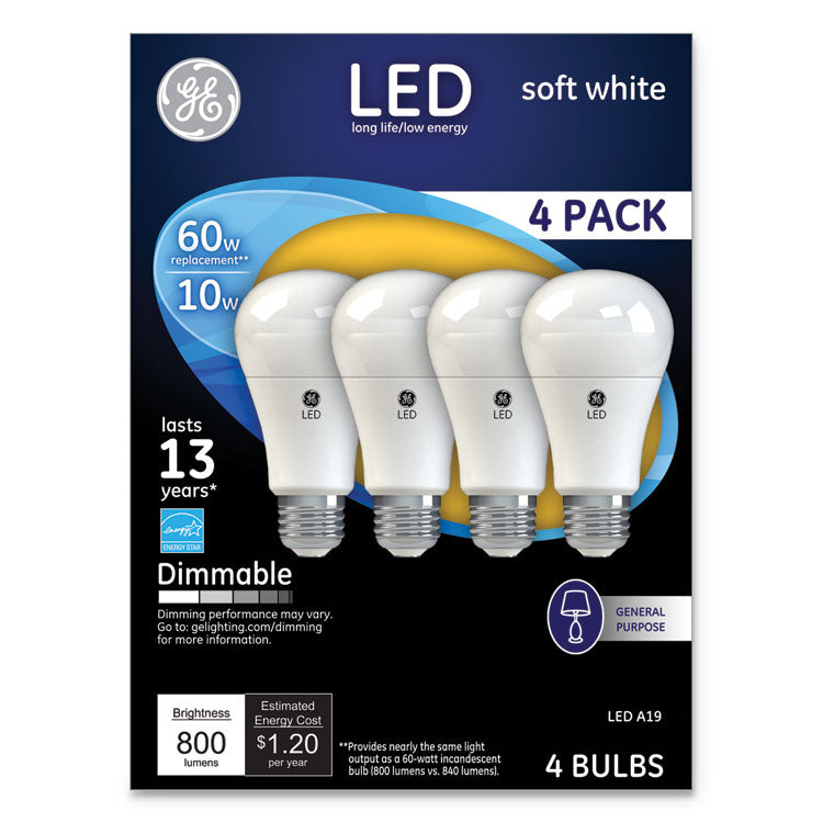 GE - LED Soft White A19 Dimmable Light Bulb, 10 W, 4/Pack