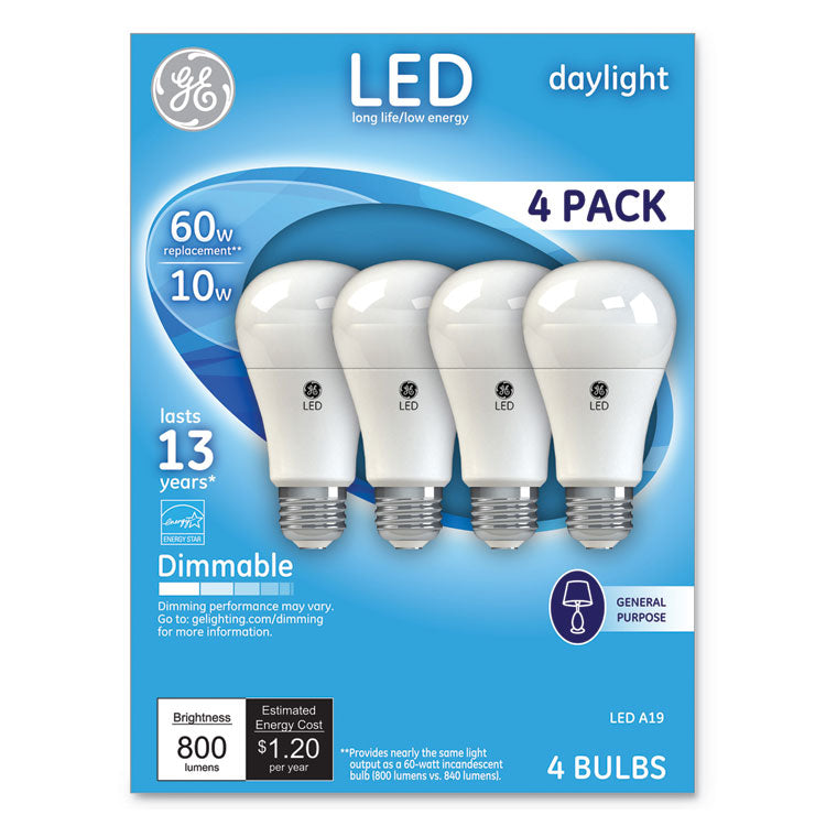 GE - LED Daylight A19 Dimmable Light Bulb, 10 W, 4/Pack