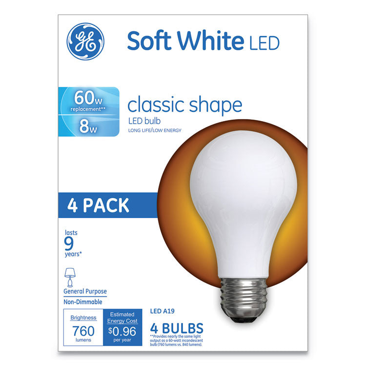 GE - Classic LED Soft White Non-Dim A19 Light Bulb, 8 W, 4/Pack