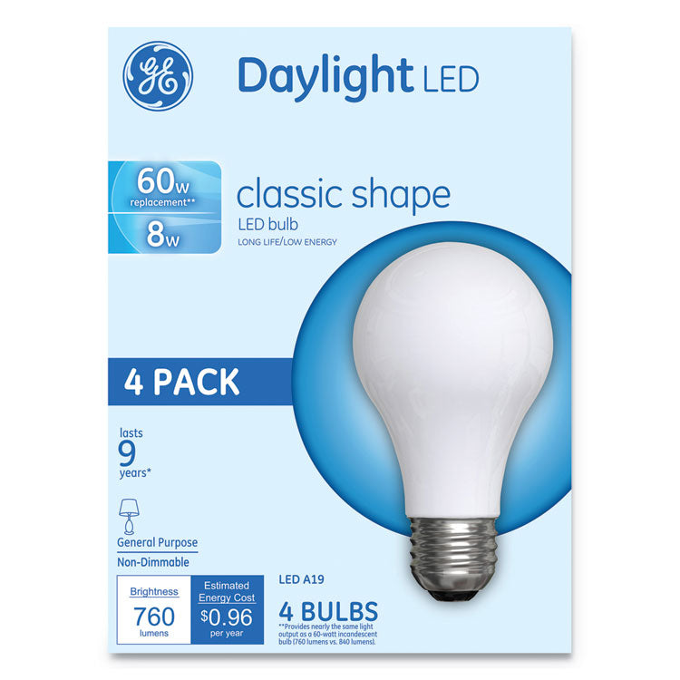 GE - Classic LED Daylight Non-Dim A19 Light Bulb, 8 W, 4/Pack