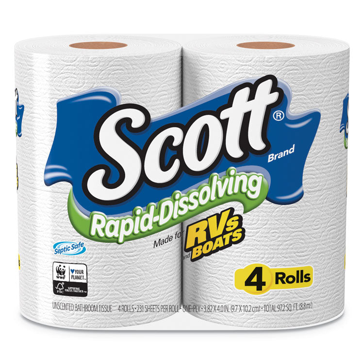 Scott - Rapid-Dissolving Toilet Paper, Bath Tissue, Septic Safe, 1-Ply, White, 231 Sheets/Roll, 4/Rolls/Pack, 12 Packs/Carton