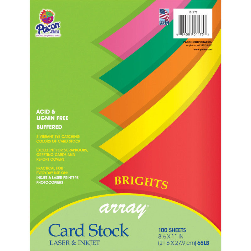 PACON - Bright Card Stock, 5 Assorted Colors, 8-1/2" x 11", 100 Sheets