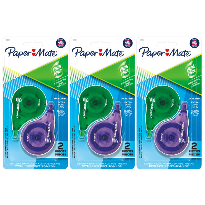 PAPER MATE - Liquid Paper DryLine, Extra Long Tape, Assorted Colors, 2 Per Pack, 3 Packs