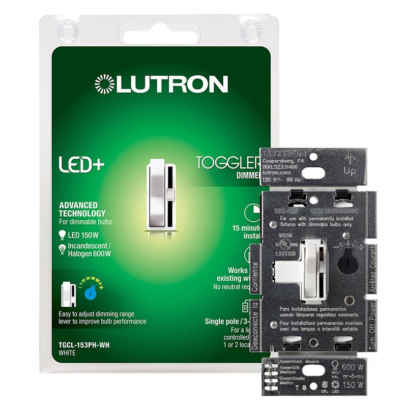 LUTRON - Lutron Toggler White 150 W 3-Way Dimmer Switch 1 pk