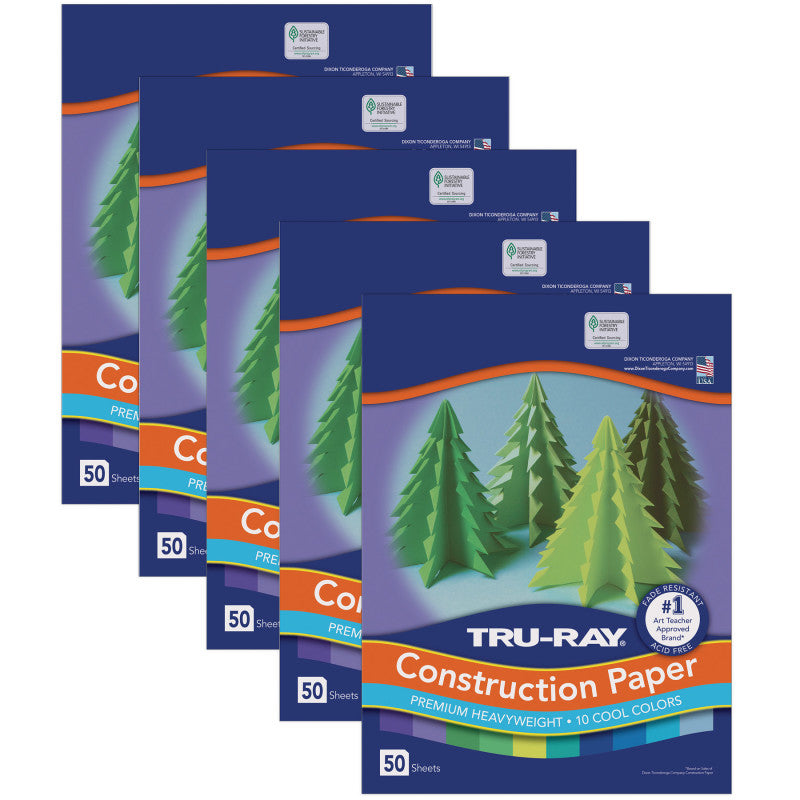 TRU-RAY - Construction Paper, Cool Assorted, 12" x 18", 50 Sheets Per Pack, 5 Packs