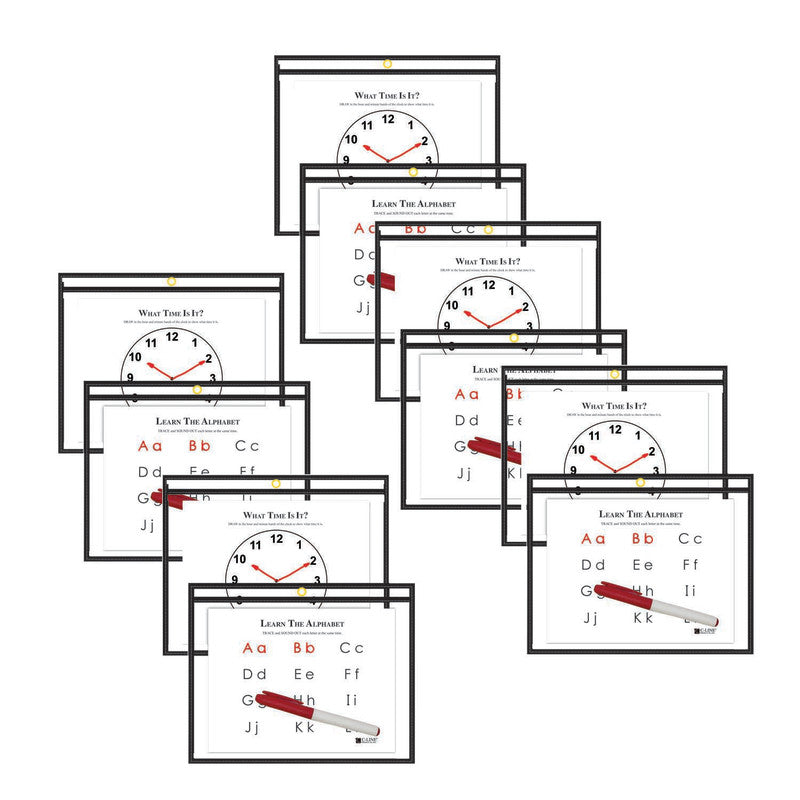 C-LINE - Reusable Dry Erase Pockets - Study Aid, Black, 12" x 9", Pack of 10