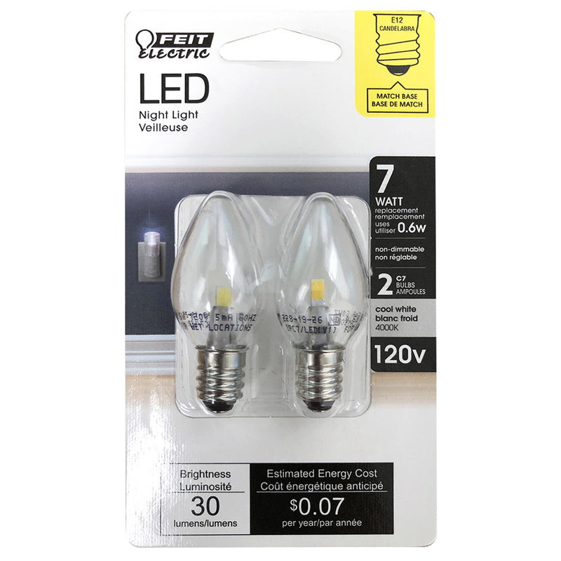 FEIT - Feit LED Specialty C7 E12 (Candelabra) LED Bulb White 7 Watt Equivalence 2 pk