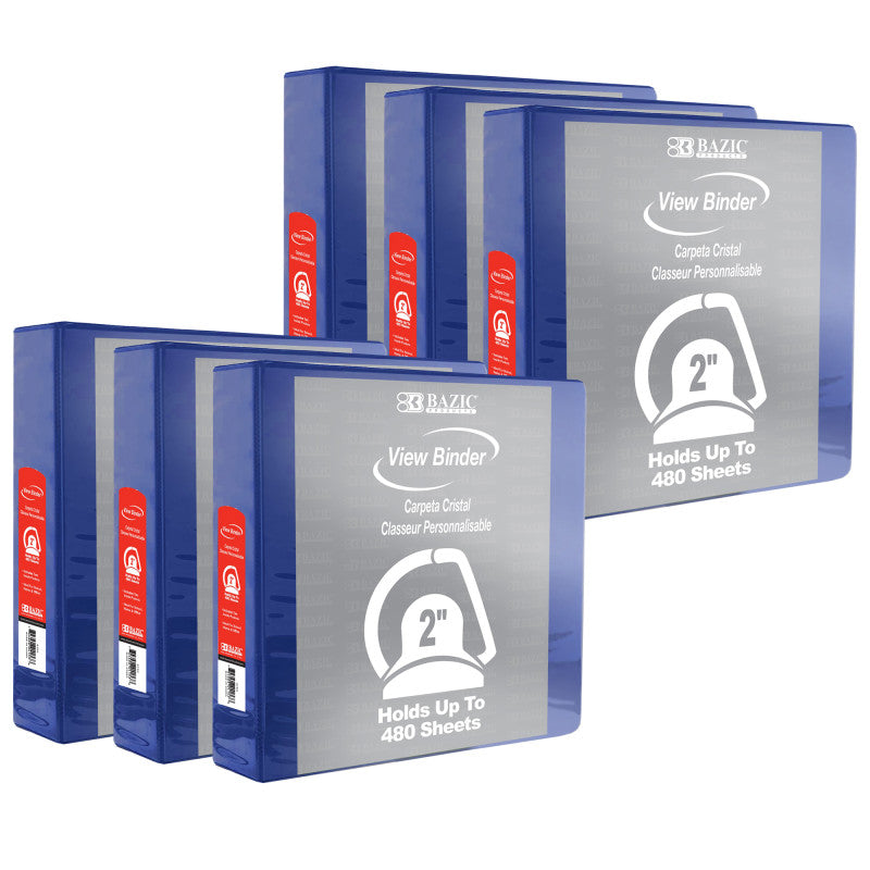 BAZIC PRODUCTS - Slant D Ring View Binder with 2 Pockets, 2", Blue, Pack of 6