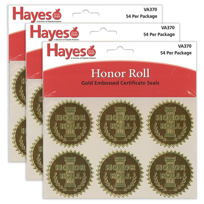 HAYES PUBLISHING - Gold Foil Embossed Seals, Honor Roll, 54 Per Pack, 3 Packs