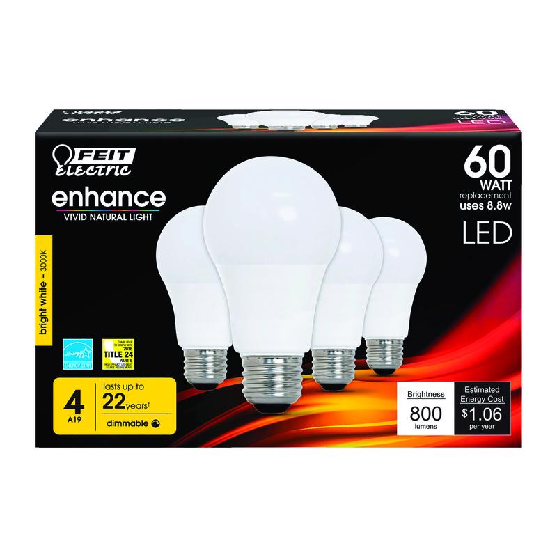 FEIT - Feit A19 E26 (Medium) LED Bulb Bright White 60 Watt Equivalence 4 pk