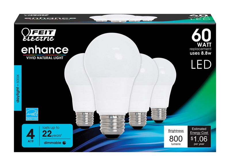 FEIT - Feit A19 E26 (Medium) LED Bulb Daylight 60 Watt Equivalence 4 pk