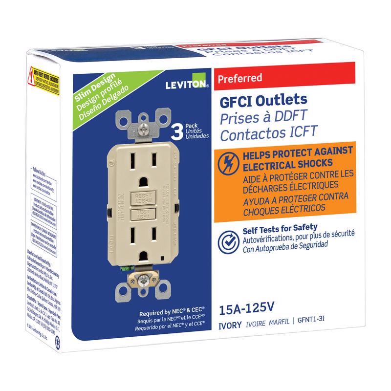 LEVITON - Leviton SmartlockPro 15 amps 125 V Duplex Ivory GFCI Outlet 5-15R 3 pk [GFNT1-03I]