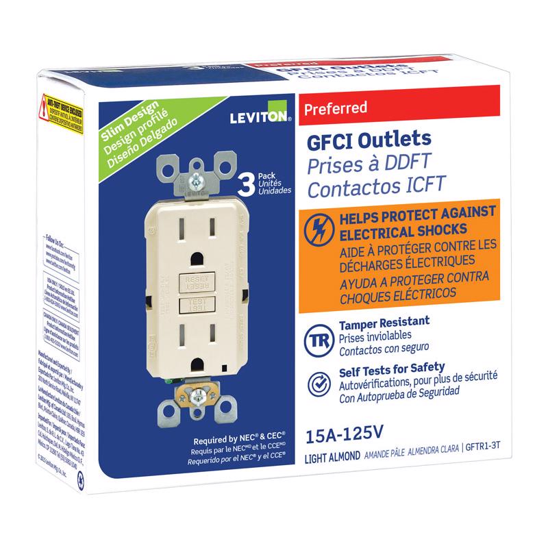 LEVITON - Leviton SmartlockPro 15 amps 125 V Duplex Light Almond GFCI Outlet 5-15R 3 pk