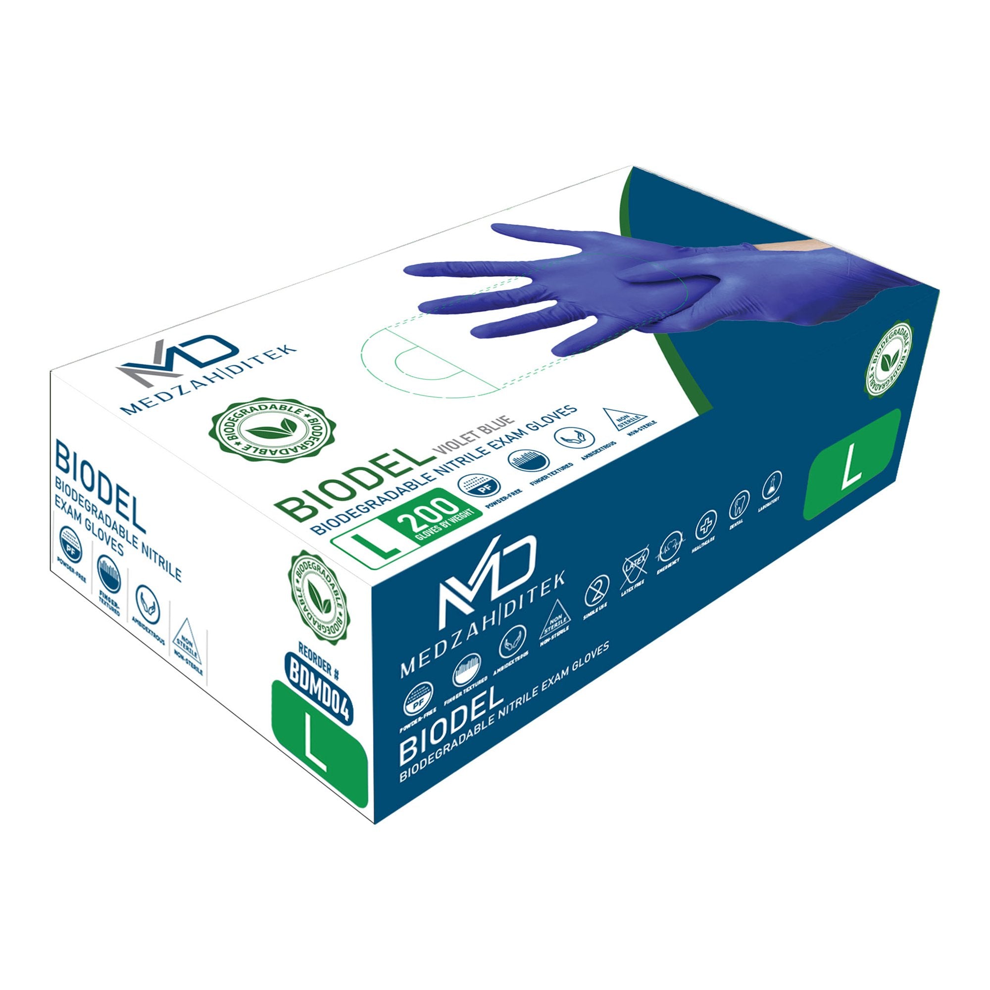 Medzah Industries - Exam Glove BIODEL Large NonSterile Nitrile Standard Cuff Length Textured Fingertips Violet Blue Chemo Tested / Fentanyl Tested [2000/CS]