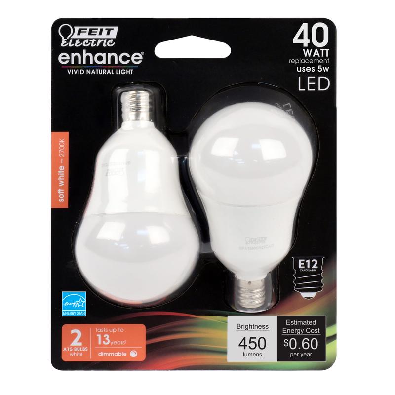 FEIT - Feit Enhance A15 E12 (Candelabra) LED Bulb Soft White 40 Watt Equivalence 2 pk