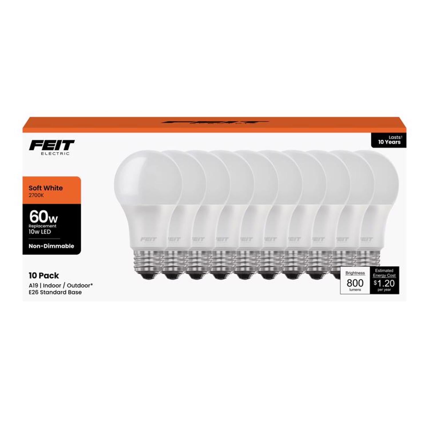 Feit A19 E26 (Medium) LED Bulb Soft White 60 Watt Equivalence 10 pk - Case of 4