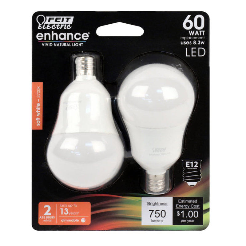 FEIT - Feit Enhance A15 E12 (Candelabra) LED Bulb Soft White 60 Watt Equivalence 2 pk