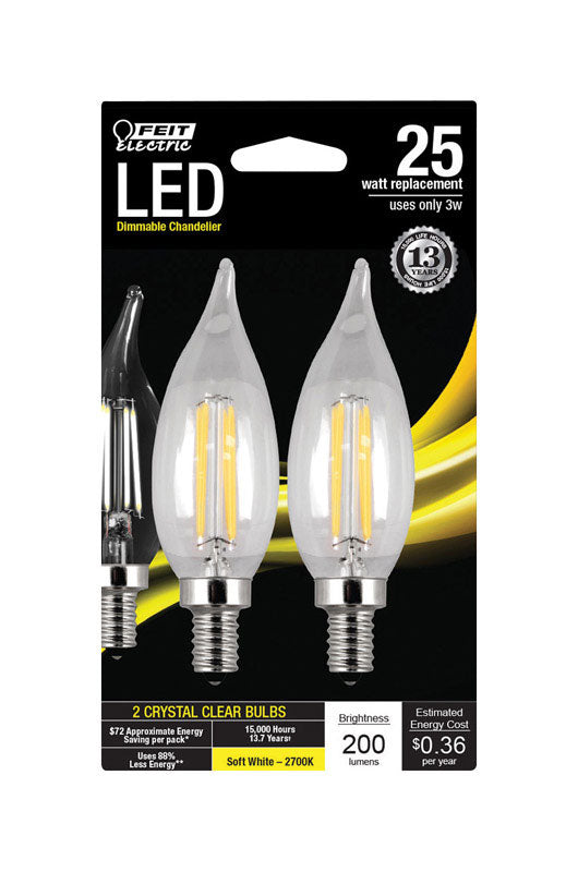 FEIT - Feit CA10 E12 (Candelabra) LED Bulb Soft White 25 Watt Equivalence 2 pk