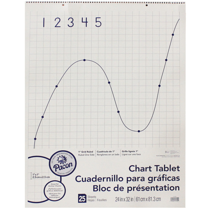 PACON - Grid Ruled Chart Tablet, Spiral Bound, 1" Grid, 24" x 32", 25 Sheets