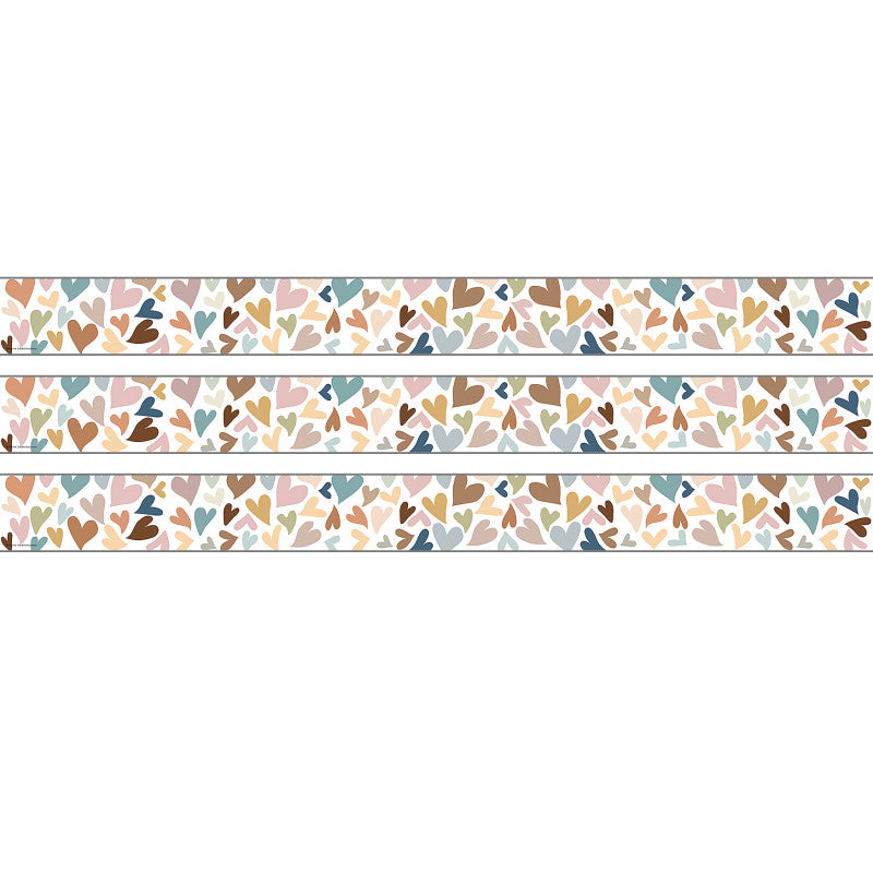 TEACHER CREATED RESOURCES - Everyone Is Welcome Hearts Straight Rolled Border Trim, 50 Feet, 3 Rolls