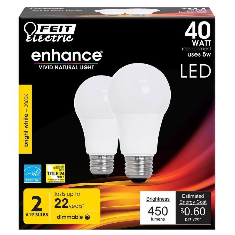 FEIT - Feit Enhance A19 E26 (Medium) LED Bulb Bright White 40 Watt Equivalence 2 pk