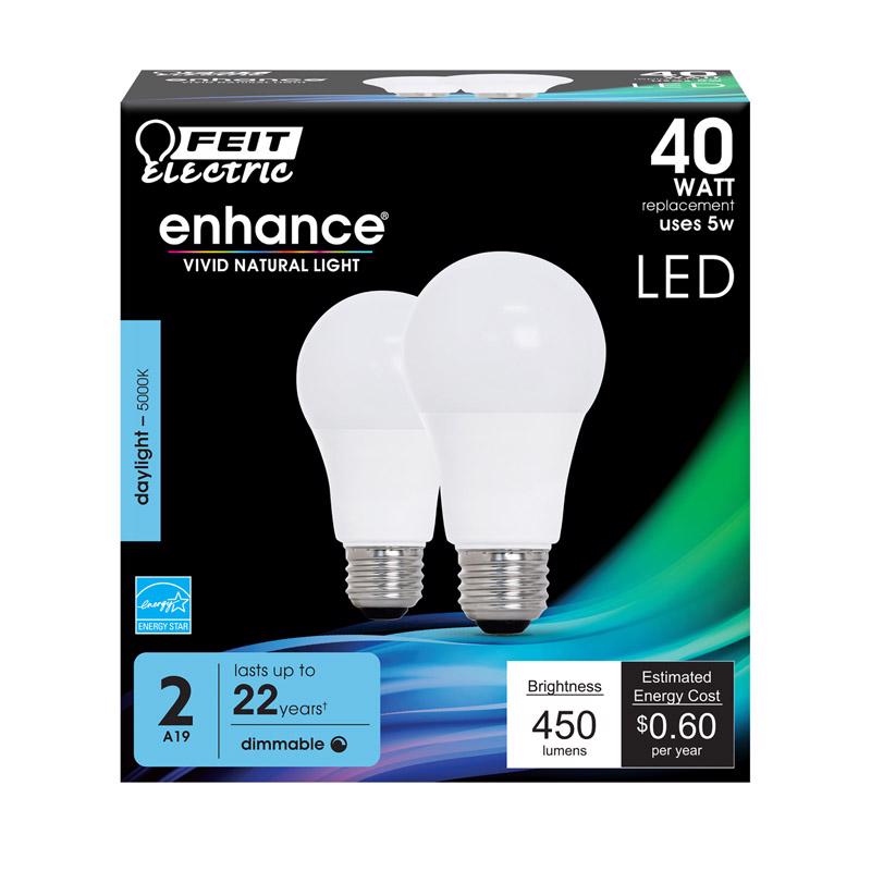 FEIT - Feit Enhance A19 E26 (Medium) LED Bulb Daylight 40 Watt Equivalence 2 pk