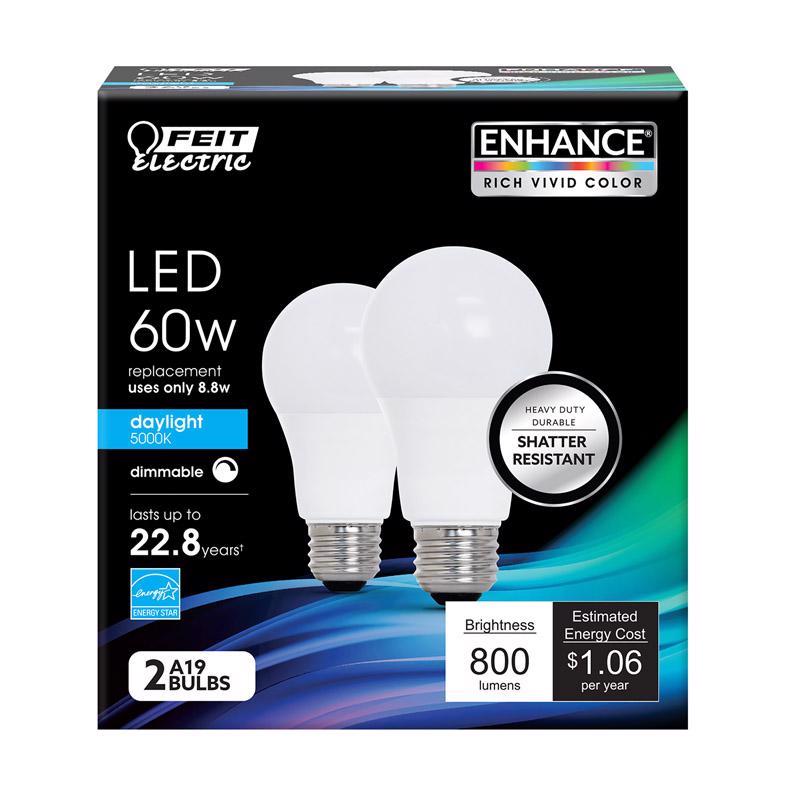 FEIT - Feit Enhance A19 E26 (Medium) LED Bulb Daylight 60 Watt Equivalence 2 pk