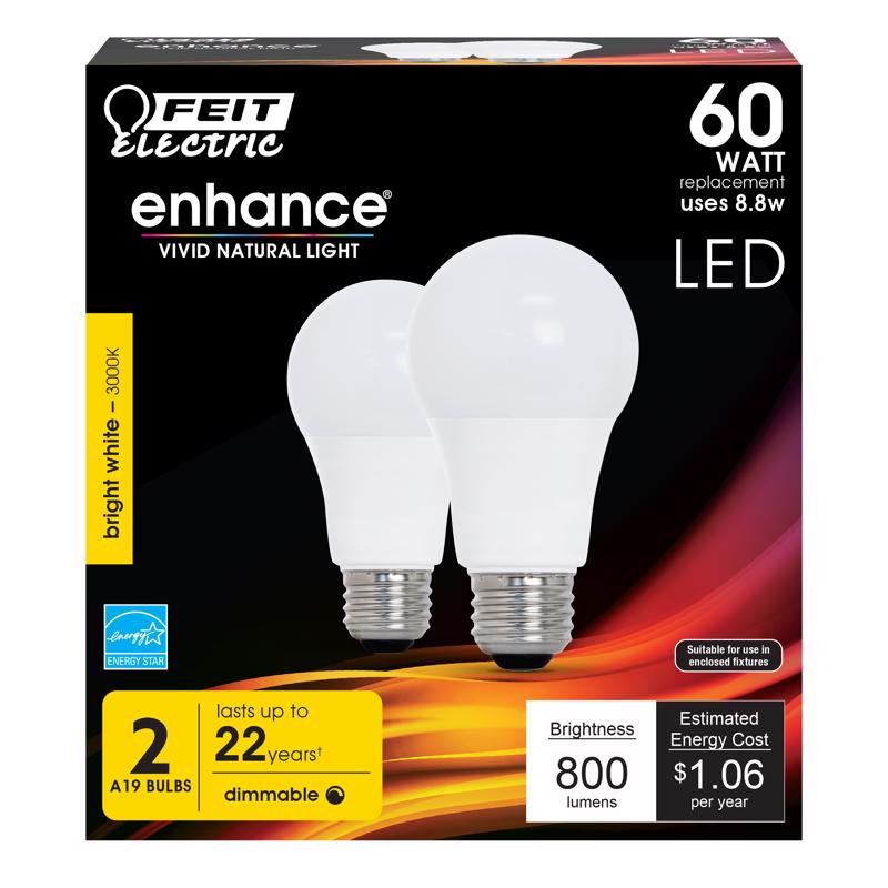 FEIT - Feit Enhance A19 E26 (Medium) LED Bulb Warm White 60 Watt Equivalence 2 pk