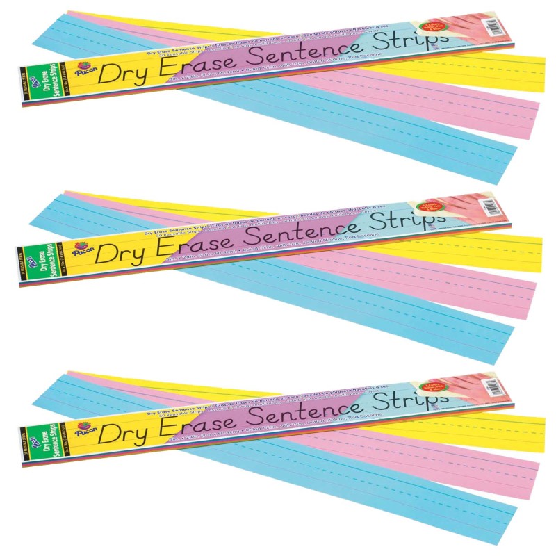 PACON - Dry Erase Sentence Strips, 3 Assorted Colors, 1-1/2" X 3/4" Ruled, 3" x 24", 30 Per Pack, 3 Packs