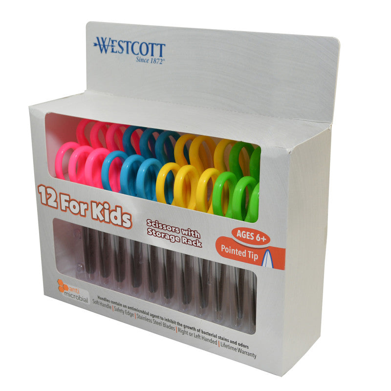 WESTCOTT - Kids Pointed 5" Scissors with Storage Rack, Assorted Colors, Set of 12