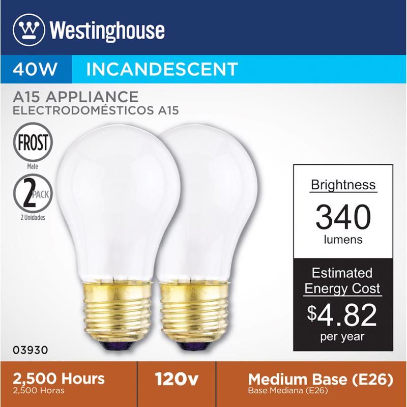 WESTINGHOUSE - Westinghouse Appliance 40 W A15 A-Line Incandescent Bulb E26 (Medium) White 2 pk