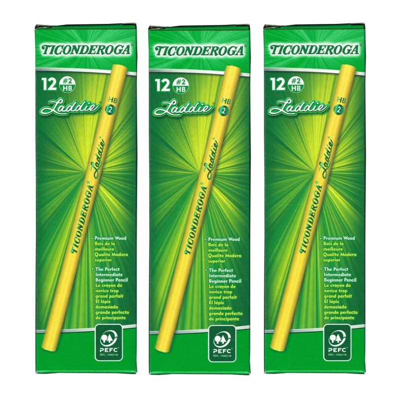 TICONDEROGA - Laddie® Wood-Cased Pencils, #2 HB Soft, Yellow, 12 Per Pack, 3 Packs