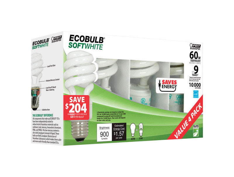 FEIT - Feit Ecobulb 13 W A19 1.52 in. D X 3.6 in. L CFL Bulb Soft White Utility 2700 K 4 pk