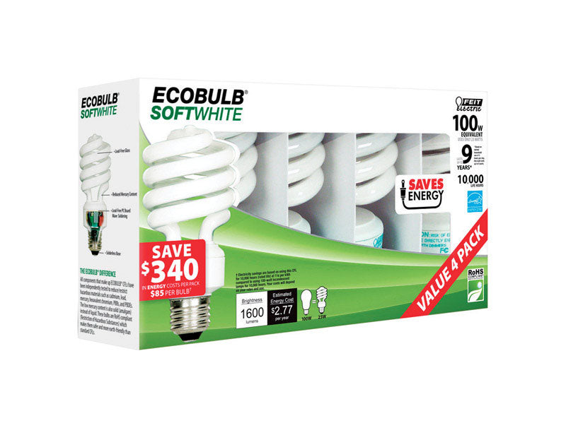 FEIT - Feit Ecobulb 23 W A19 2.35 in. D X 4.8 in. L CFL Bulb Soft White Utility 2700 K 4 pk