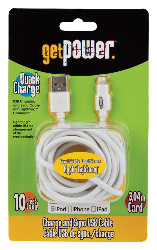 GETPOWER - GetPower Lightning to USB Charge and Sync Cable 10 ft. White - Case of 6