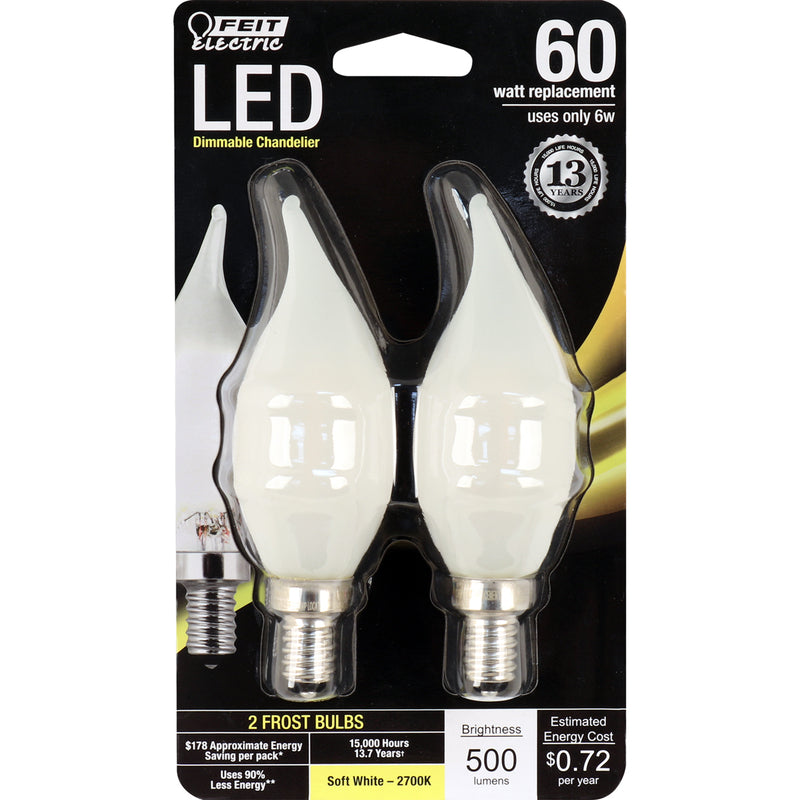 FEIT - Feit CA10 E12 (Candelabra) LED Bulb Soft White 60 Watt Equivalence 2 pk