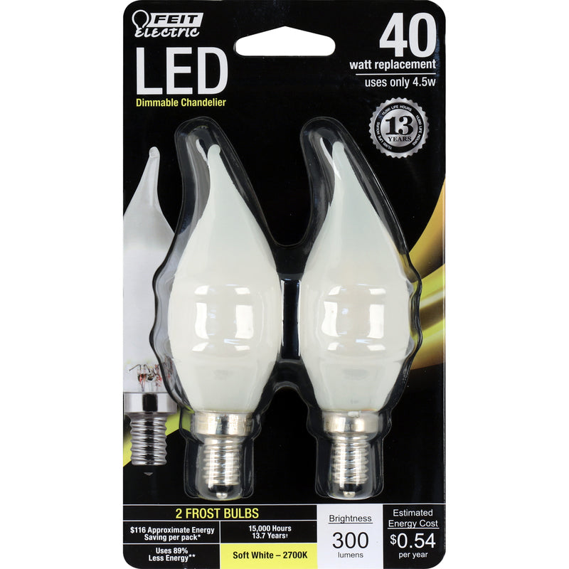 FEIT - Feit CA10 E12 (Candelabra) LED Bulb Soft White 40 Watt Equivalence 2 pk