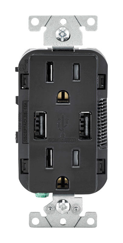 LEVITON - Leviton Decora 15 amps 125 V Black Outlet and USB Charger 5-15R 1 pk