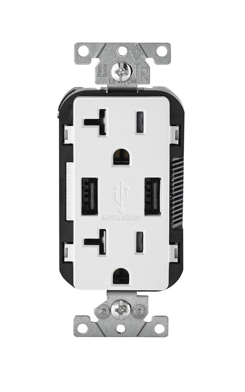 LEVITON - Leviton Decora 20 amps 125 V Duplex White Outlet and USB Charger 5-20R 1 pk