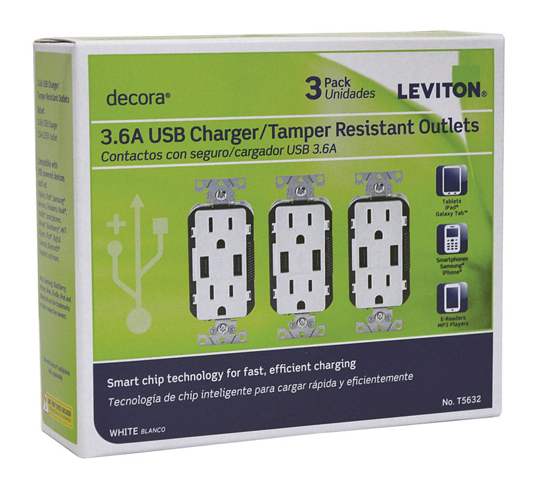 LEVITON - Leviton Decora 15 amps 125 V White Outlet and USB Charger 5-15R 1 pk