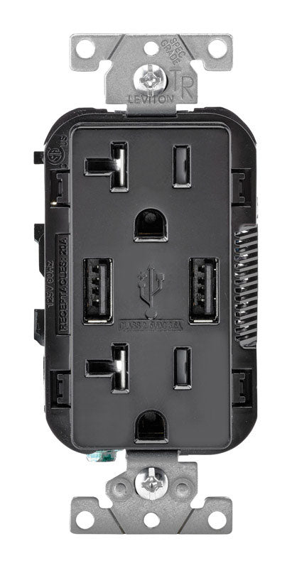 LEVITON - Leviton Decora 20 amps 125 V Black Outlet and USB Charger 5-20R 1 pk