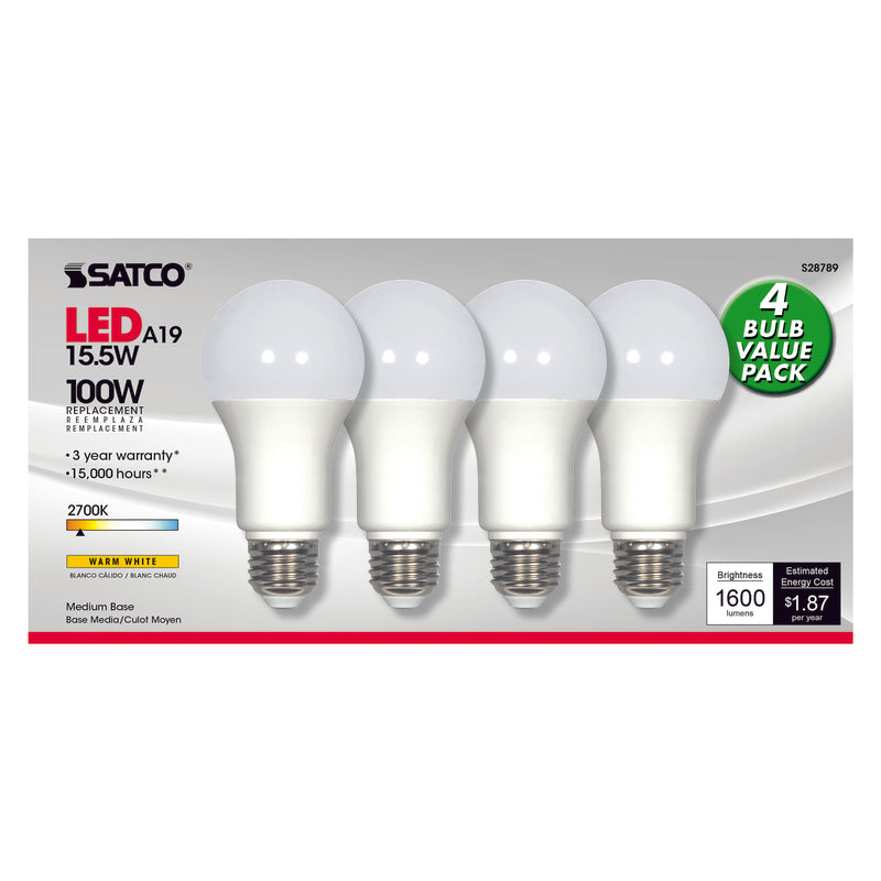 SATCO - Satco A19 E26 (Medium) LED Bulb Warm White 100 Watt Equivalence 4 pk