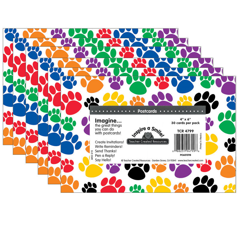 TEACHER CREATED RESOURCES - Colorful Paw Prints Postcards, 30 Per Pack, 6 Packs