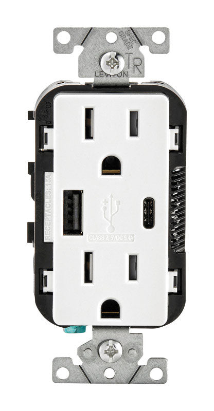 LEVITON - Leviton Decora 15 amps 125 V Type A/C Duplex White Outlet and USB Charger 5-15R 1 pk